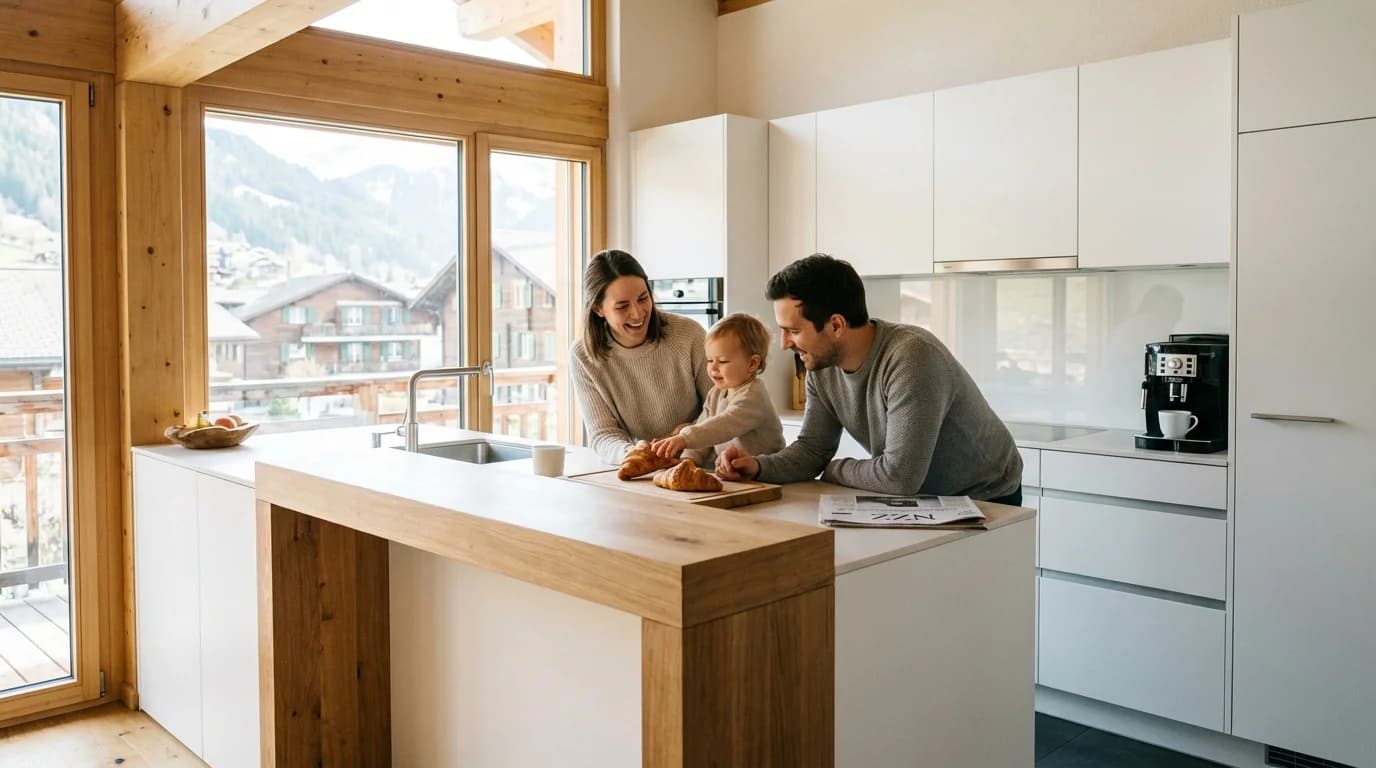 Familie in moderner Küche, HMA Interior Küchenumbau Schweiz