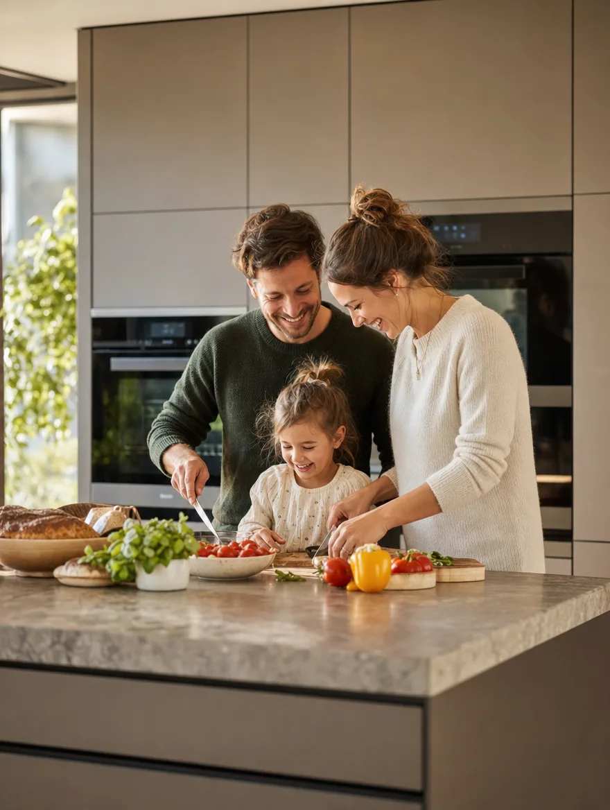 Familie kocht zusammen in moderner Küche von HMA Interior, Küchenbauer Deutschschweiz