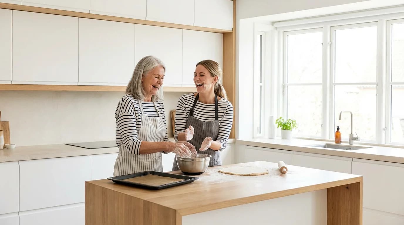 Zwei Frauen backen gemeinsam in einer modernen weissen Küche mit Holzakzenten, Küchenplanung FAQ bei HMA Interior Dietlikon Zürich